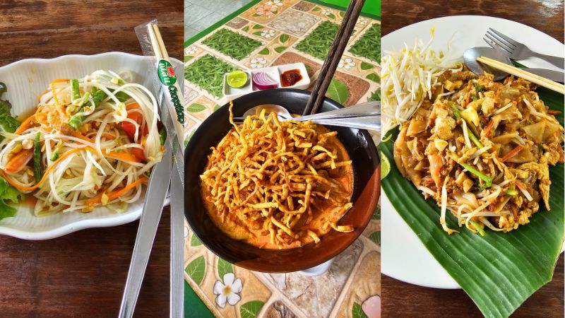 verschiedene thaifoodspezialitäten. Einmal Papaya Salad, einmal Khao Soi und einmal Pad Thai