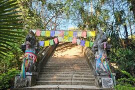Eine Treppe in der Natur die hinaufführt und von bunten Gebetsfahnen überspannst ist. Auf jeder Treppenseite wacht ein Naga